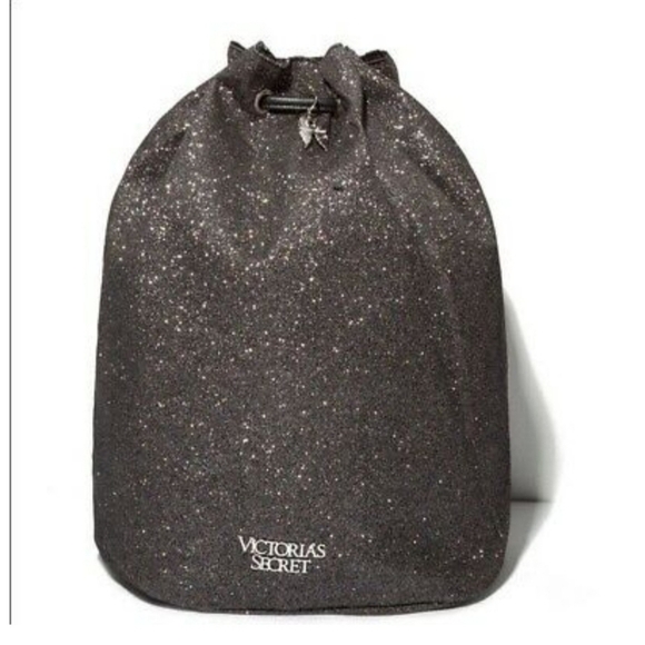 Victoria's Secret VS Bucket Backpack Black Silver Glitter Drawstring Tote Bag - Picture 2 of 13